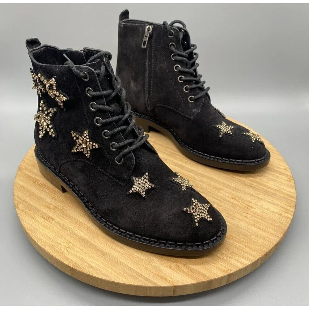 Coach Watts Star Boots Black Sued Side Zip Western Rhinestones G2313 Womens 5 B - Picture 2 of 13